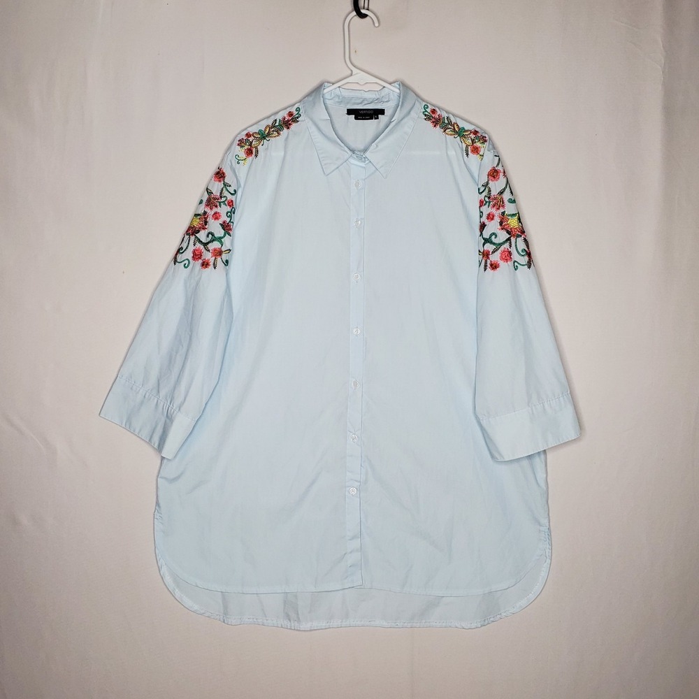 Vertigo Embroidered Button Collar Shirt Women XL Pastel Elbow Sleeve Oversize